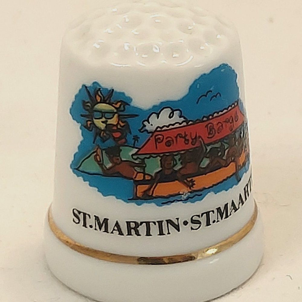 St Martin - Party Barge Souvenir Porcelain Colorful Thimble Gold Band